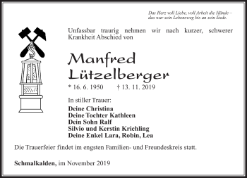 Traueranzeige von Manfred Lützelberger von Südthüringer Presse
