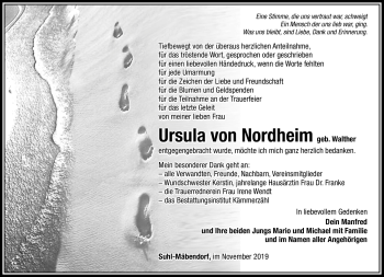 Traueranzeige von Ursula Nordheim von Südthüringer Presse
