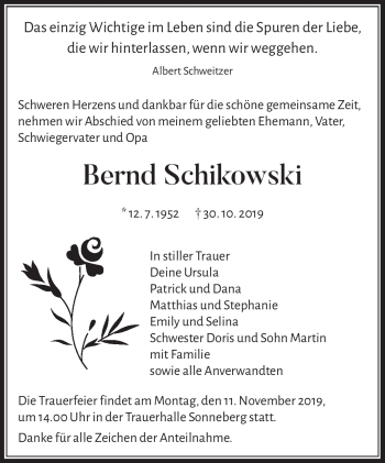Traueranzeige von Bernd Schikowski von Südthüringer Presse