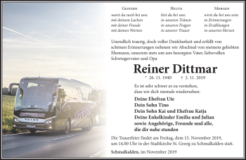 Traueranzeige von Reiner Dittmar von Südthüringer Presse