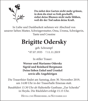 Traueranzeige von Brigitte Odersky von Südthüringer Presse