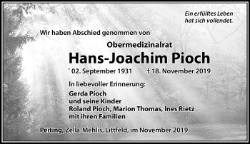 Traueranzeige von Hans-Joachim Pioch von Südthüringer Presse