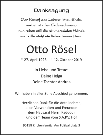 Traueranzeige von Otto Rösel von Frankenpost