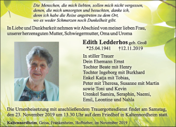 Traueranzeige von Edith Ledderhos von Südthüringer Presse