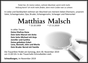 Traueranzeige von Matthias Malsch von Südthüringer Presse