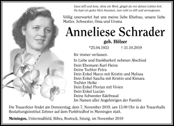 Traueranzeige von Anneliese Schrader von Südthüringer Presse