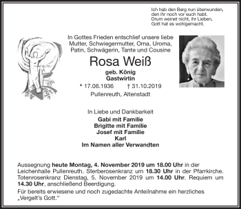 Traueranzeige von Rosa Weiß von Frankenpost