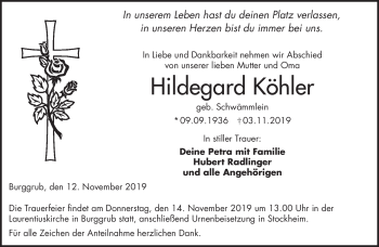 Traueranzeige von Hildegard Köhler von Neue Presse Coburg