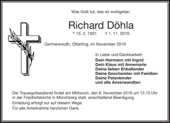 Traueranzeige von Richard Döhla von Frankenpost