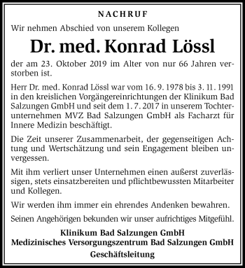 Traueranzeige von Konrad Lössl von Südthüringer Presse