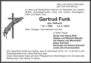 Traueranzeige von Gertrud Funk von Frankenpost