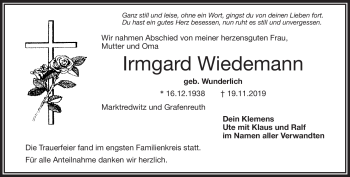 Traueranzeige von Irmgard Wiedemann von Frankenpost