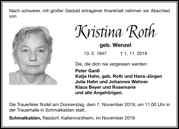 Traueranzeige von Kristina Roth von Südthüringer Presse