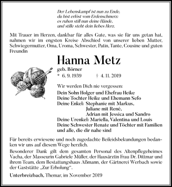 Traueranzeige von Hanna Metz von Südthüringer Presse