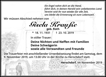 Traueranzeige von Gisela Krauße von Südthüringer Presse