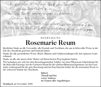 Traueranzeige von Rosemarie Reum von Südthüringer Presse