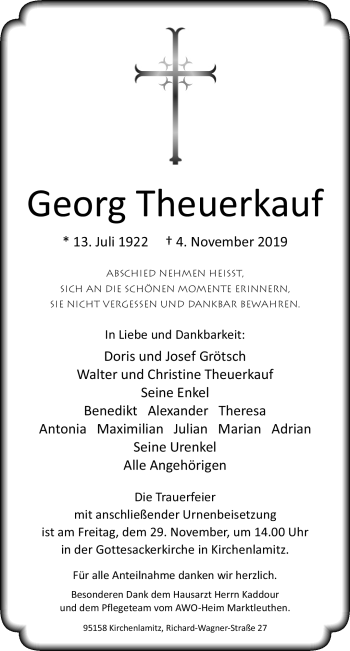 Traueranzeige von Georg Theuerkauf von Frankenpost