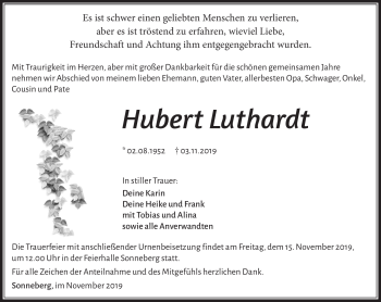 Traueranzeige von Hubert Luthardt von Südthüringer Presse