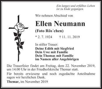 Traueranzeige von Ellen Neumann von Südthüringer Presse