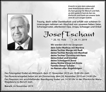 Traueranzeige von Josef Tschaut von Südthüringer Presse