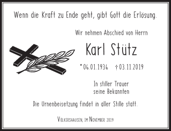 Traueranzeige von Karl Stütz von Südthüringer Presse