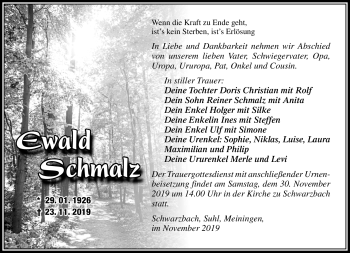 Traueranzeige von Ewald Schmalz von Südthüringer Presse