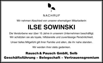 Traueranzeige von Ilse Sowinski von Frankenpost