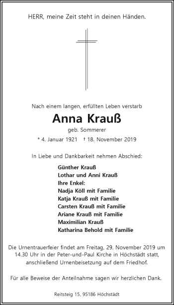 Traueranzeige von Anna Krauß von Frankenpost
