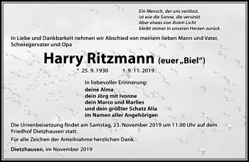 Traueranzeige von Harry Ritzmann von Südthüringer Presse