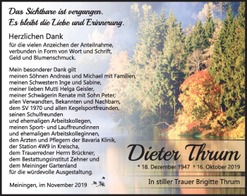 Traueranzeige von Dieter Thrum von Südthüringer Presse