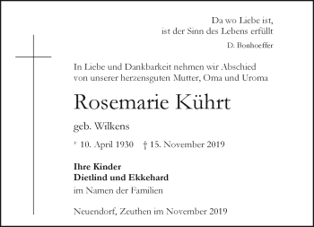 Traueranzeige von Rosemarie Kührt von Südthüringer Presse