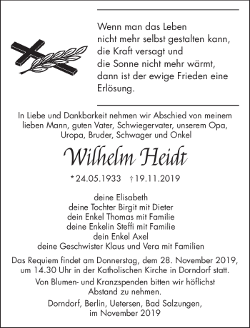 Traueranzeige von Wilhelm Heidt von Südthüringer Presse