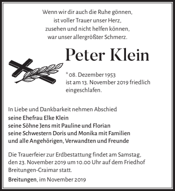 Traueranzeige von Peter Klein von Südthüringer Presse
