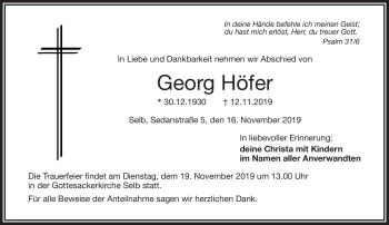 Traueranzeige von Georg Höfer von Frankenpost