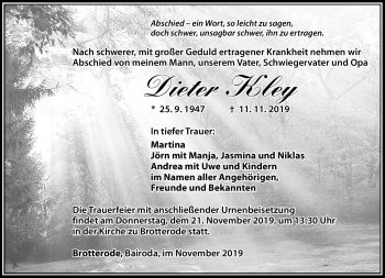 Traueranzeige von Dieter Kley von Südthüringer Presse