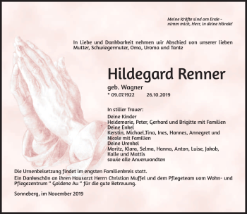 Traueranzeige von Hildegard Renner von Südthüringer Presse