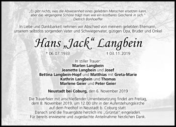 Traueranzeige von Hans Langbein von Neue Presse Coburg
