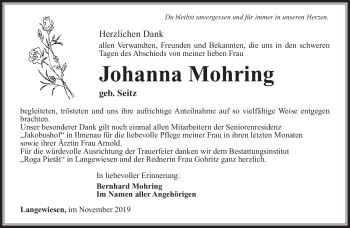 Traueranzeige von Johanna Mohring von Südthüringer Presse