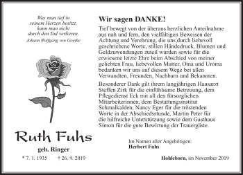 Traueranzeige von Ruth Fuhs von Südthüringer Presse
