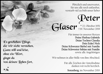 Traueranzeige von Peter Glaser von Südthüringer Presse