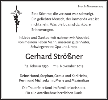 Traueranzeige von Gerhard Strößner von Frankenpost