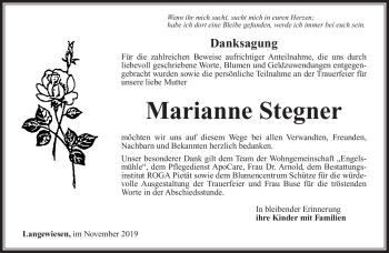 Traueranzeige von Marianne Stegner von Südthüringer Presse