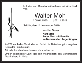 Traueranzeige von Walter Moh von Frankenpost