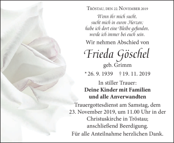 Traueranzeige von Frieda Göschel von Frankenpost