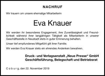 Traueranzeige von Eva Knauer von Neue Presse Coburg