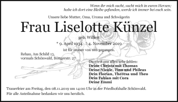 Traueranzeige von Liselotte Künzel von Frankenpost