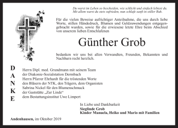 Traueranzeige von Günther Grob von Südthüringer Presse