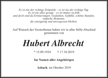 Traueranzeige von Hubert Albrecht von Südthüringer Presse