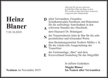 Traueranzeige von Heinz Blaner von Südthüringer Presse