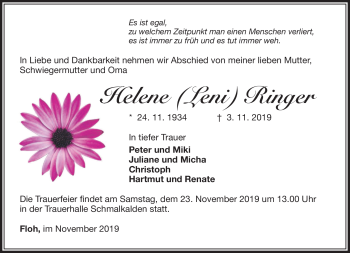 Traueranzeige von Helene Ringer von Südthüringer Presse